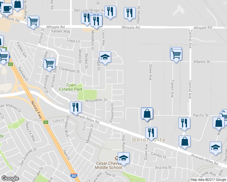 map of restaurants, bars, coffee shops, grocery stores, and more near 32707 Folklore Loop in Union City