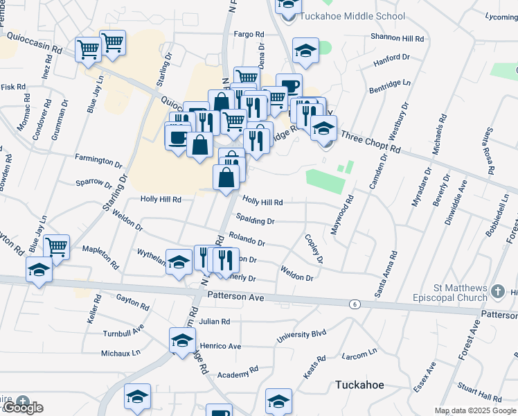 map of restaurants, bars, coffee shops, grocery stores, and more near 8519 Holly Hill Road in Richmond
