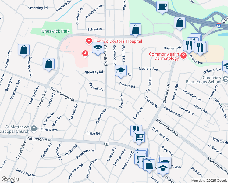 map of restaurants, bars, coffee shops, grocery stores, and more near 7409 Parkline Drive in Richmond