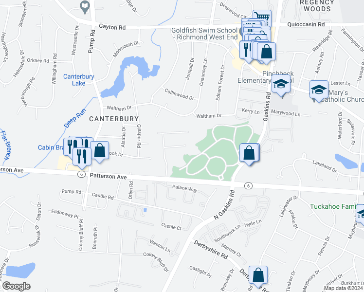 map of restaurants, bars, coffee shops, grocery stores, and more near 10206 Westhampton Glen Court in Henrico