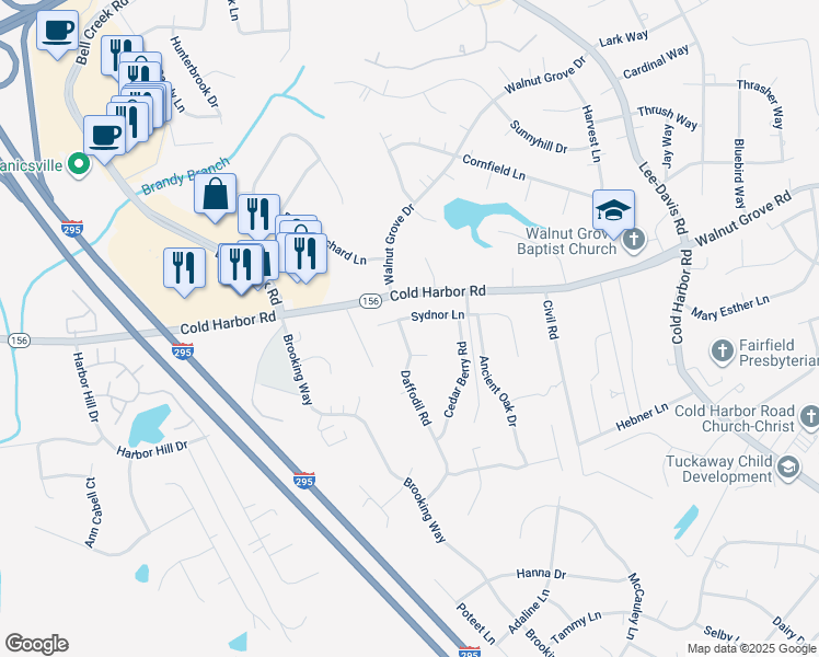 map of restaurants, bars, coffee shops, grocery stores, and more near 7025 Daffodil Road in Mechanicsville