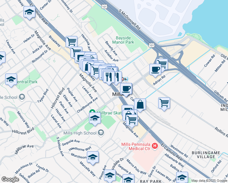 map of restaurants, bars, coffee shops, grocery stores, and more near 113 El Camino Real in Millbrae