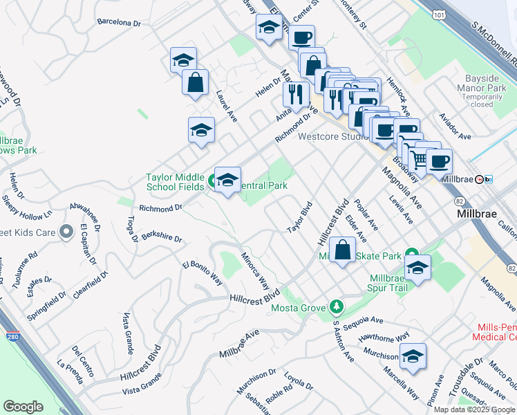 map of restaurants, bars, coffee shops, grocery stores, and more near 550 Hazel Avenue in Millbrae