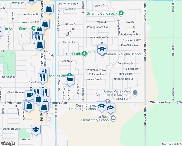 map of restaurants, bars, coffee shops, grocery stores, and more near 3555 Fallview Avenue in Ceres
