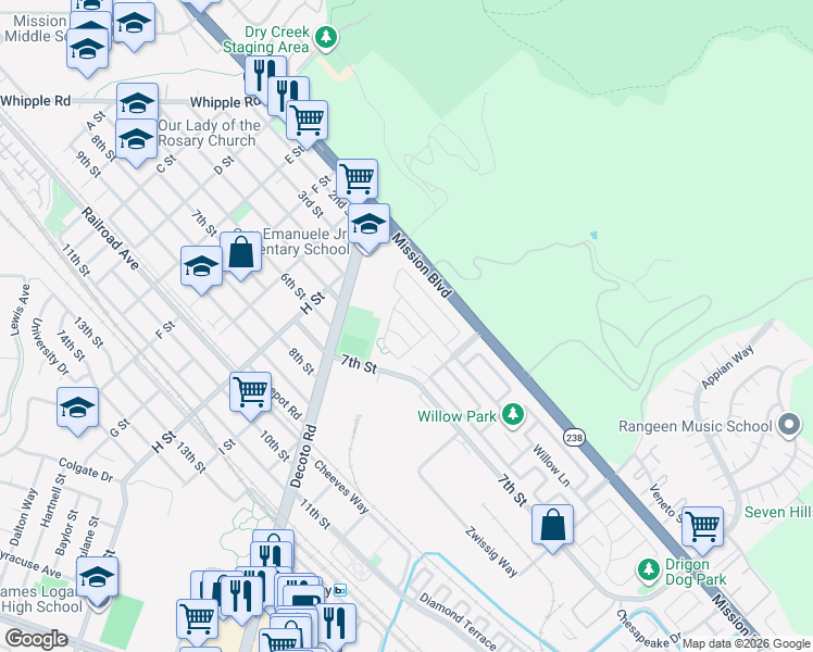 map of restaurants, bars, coffee shops, grocery stores, and more near 34183 Valle Drive in Union City