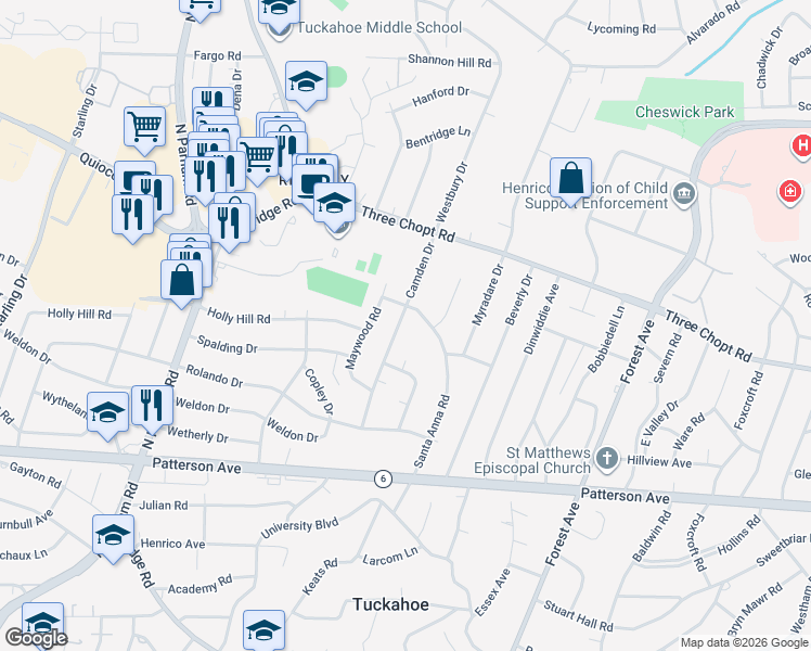 map of restaurants, bars, coffee shops, grocery stores, and more near 1313 Camden Drive in Richmond