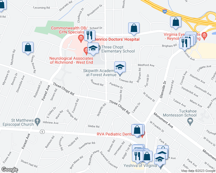 map of restaurants, bars, coffee shops, grocery stores, and more near 1407 Skipwith Road in Henrico