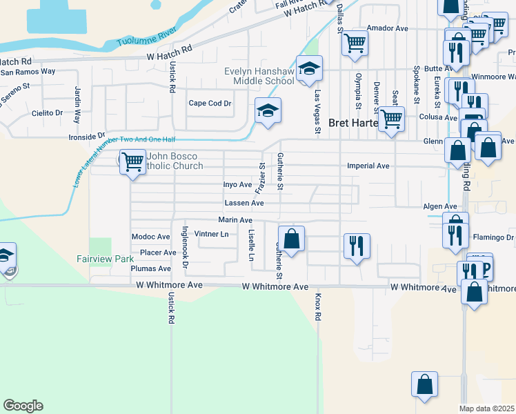 map of restaurants, bars, coffee shops, grocery stores, and more near 1010 Lassen Avenue in Modesto