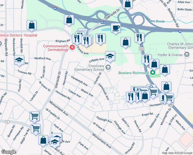 map of restaurants, bars, coffee shops, grocery stores, and more near 6905 Staunton Avenue in Richmond