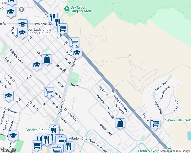 map of restaurants, bars, coffee shops, grocery stores, and more near 34268 Aspen Loop in Union City