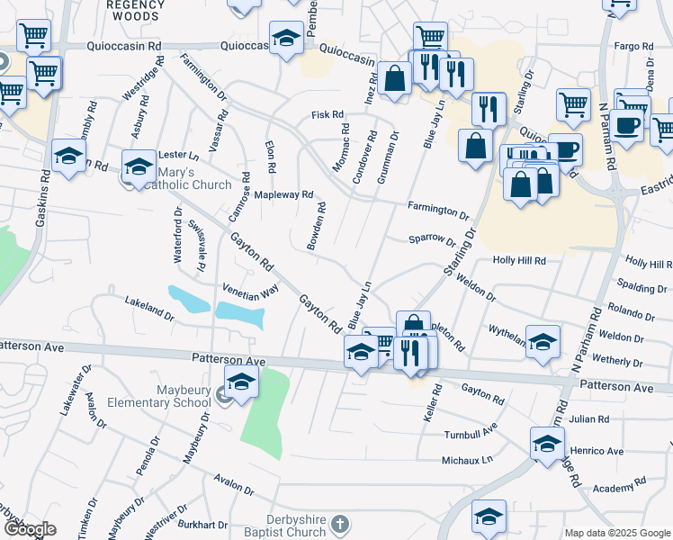 map of restaurants, bars, coffee shops, grocery stores, and more near 9109 Mapleton Road in Richmond