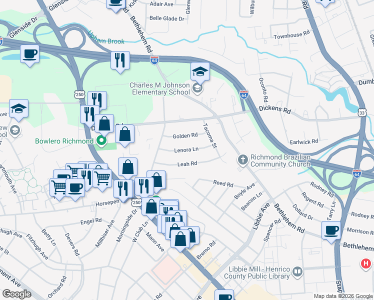 map of restaurants, bars, coffee shops, grocery stores, and more near Lenora Lane in Henrico County