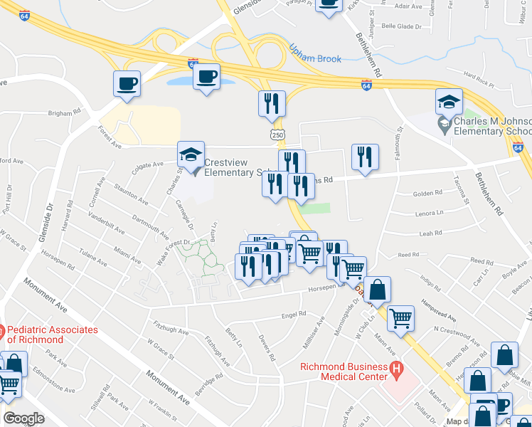 map of restaurants, bars, coffee shops, grocery stores, and more near 6531 West Broad Street in Richmond
