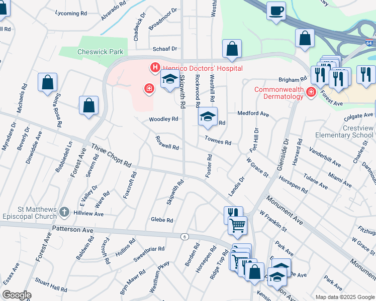 map of restaurants, bars, coffee shops, grocery stores, and more near 1407 Skipwith Road in Henrico