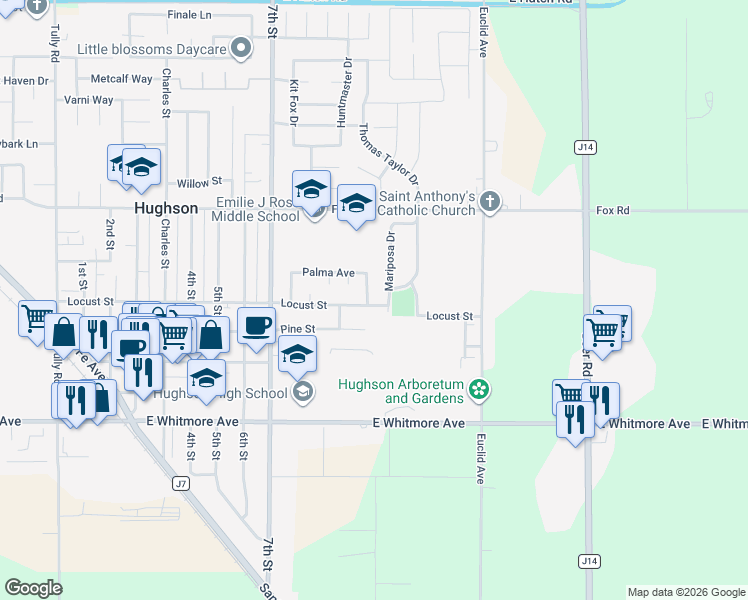 map of restaurants, bars, coffee shops, grocery stores, and more near 2130 Dominic Avenue in Hughson