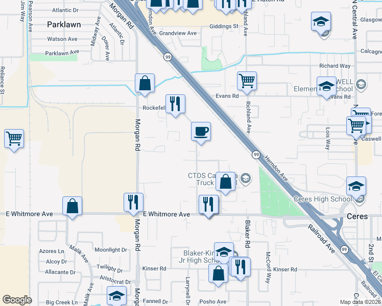 map of restaurants, bars, coffee shops, grocery stores, and more near 2025 Rockefeller Drive in Ceres