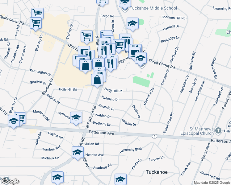 map of restaurants, bars, coffee shops, grocery stores, and more near 8519 Holly Hill Road in Richmond