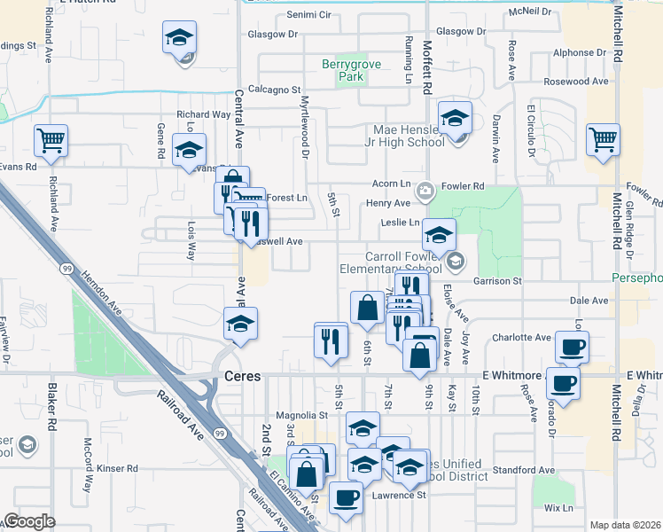 map of restaurants, bars, coffee shops, grocery stores, and more near 2033 5th Street in Ceres