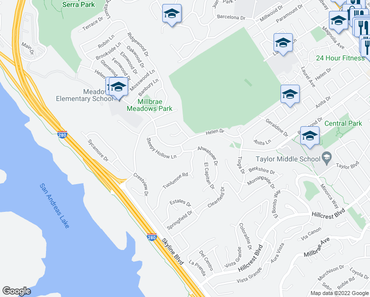 map of restaurants, bars, coffee shops, grocery stores, and more near 1111 Sleepy Hollow Lane in Millbrae