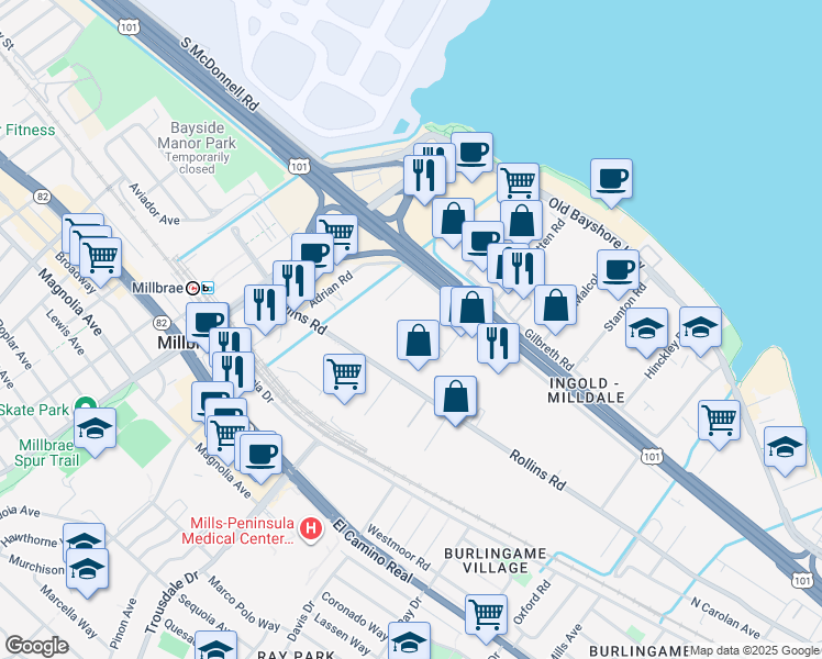 map of restaurants, bars, coffee shops, grocery stores, and more near 1801 Adrian Road in Burlingame