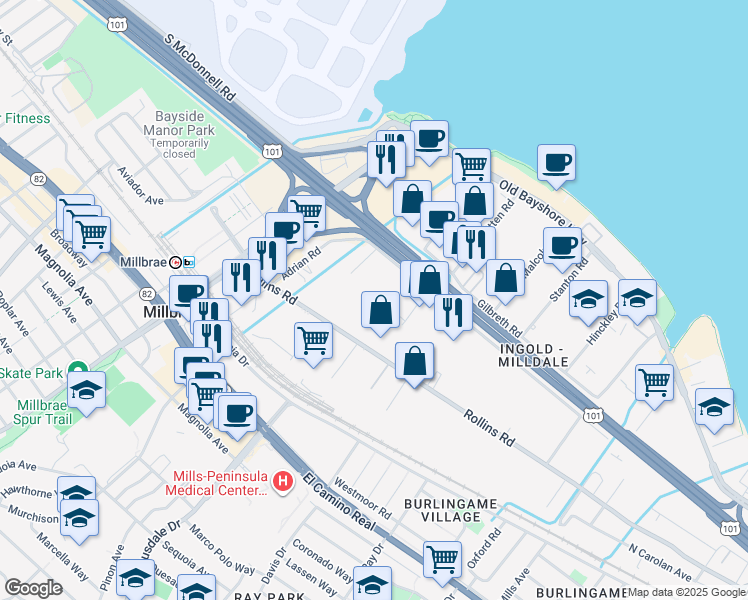 map of restaurants, bars, coffee shops, grocery stores, and more near 1801 Adrian Road in Burlingame