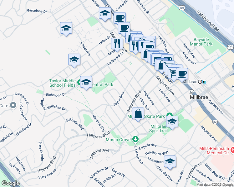 map of restaurants, bars, coffee shops, grocery stores, and more near 407 Hazel Avenue in Millbrae