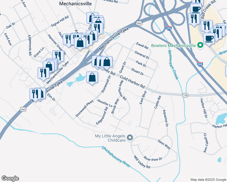 map of restaurants, bars, coffee shops, grocery stores, and more near 7174 Garden Park Lane in Mechanicsville