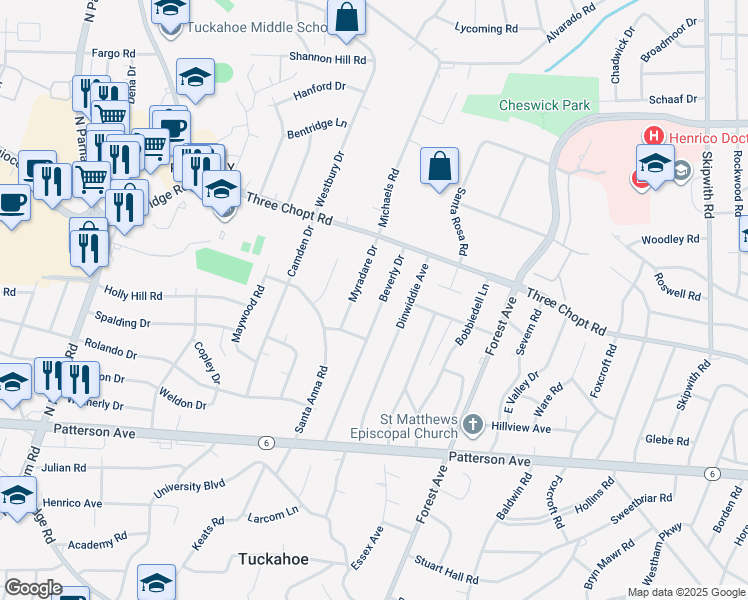 map of restaurants, bars, coffee shops, grocery stores, and more near 1312 Beverly Drive in Richmond