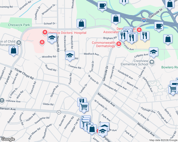 map of restaurants, bars, coffee shops, grocery stores, and more near 1500 Fort Hill Drive in Richmond