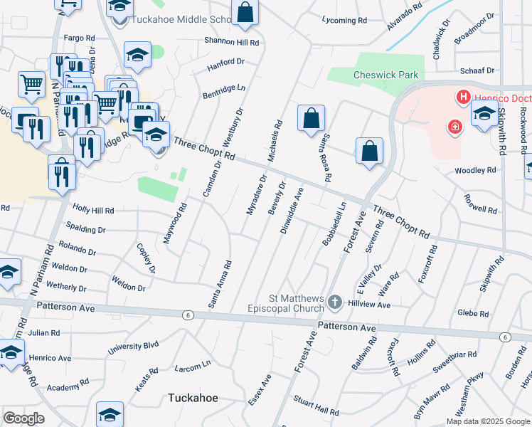 map of restaurants, bars, coffee shops, grocery stores, and more near 1312 Beverly Drive in Richmond