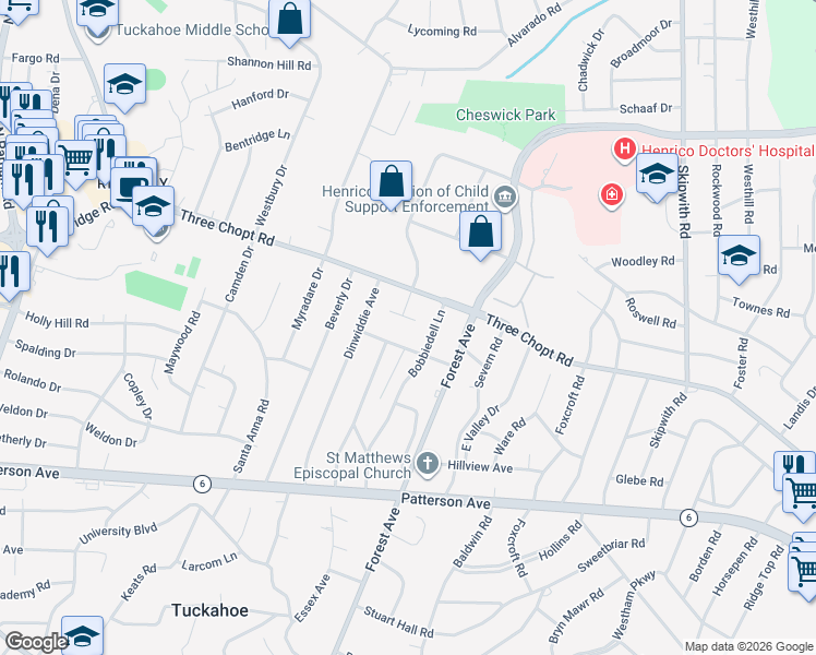 map of restaurants, bars, coffee shops, grocery stores, and more near 7907 Neuson Court in Richmond