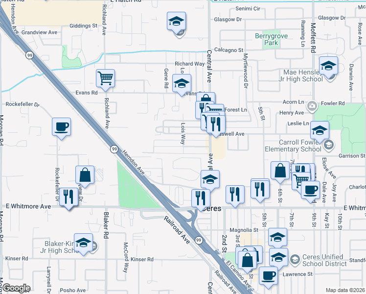 map of restaurants, bars, coffee shops, grocery stores, and more near 1999 Hollister Street in Ceres