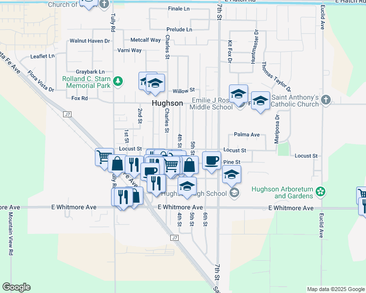 map of restaurants, bars, coffee shops, grocery stores, and more near 2148 4th Street in Hughson