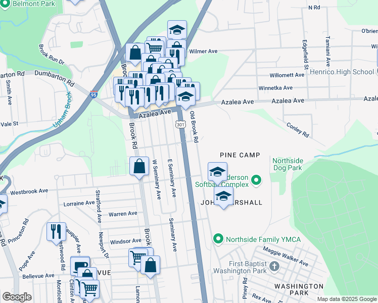map of restaurants, bars, coffee shops, grocery stores, and more near 4815 Chamberlayne Avenue in Richmond
