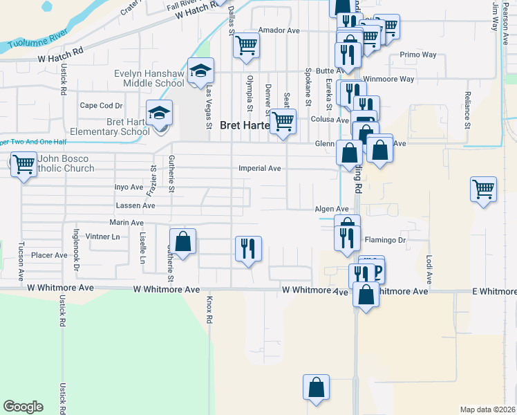 map of restaurants, bars, coffee shops, grocery stores, and more near 421 Algen Court in Modesto