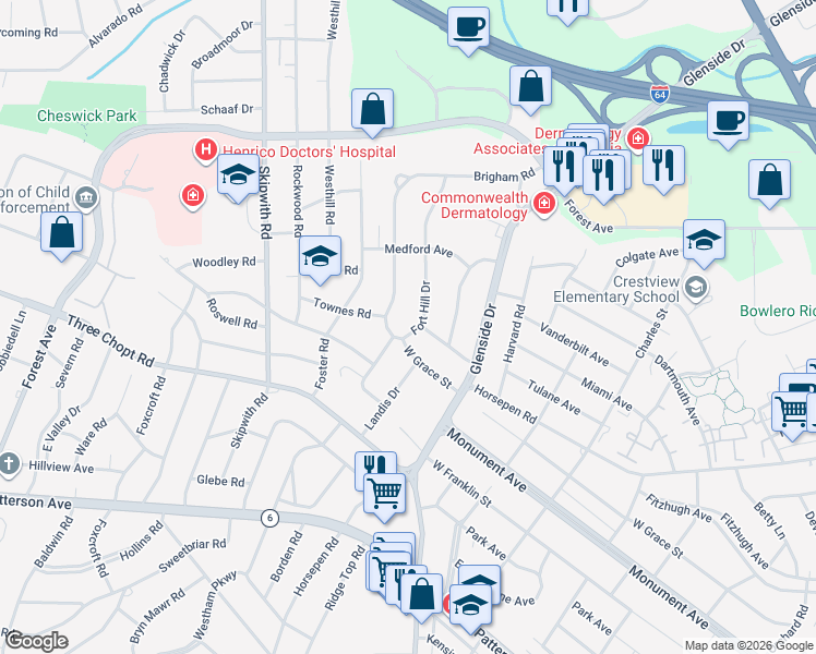 map of restaurants, bars, coffee shops, grocery stores, and more near 1500 Fort Hill Drive in Richmond