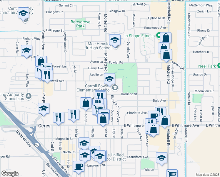 map of restaurants, bars, coffee shops, grocery stores, and more near 2611 Garrison Street in Ceres