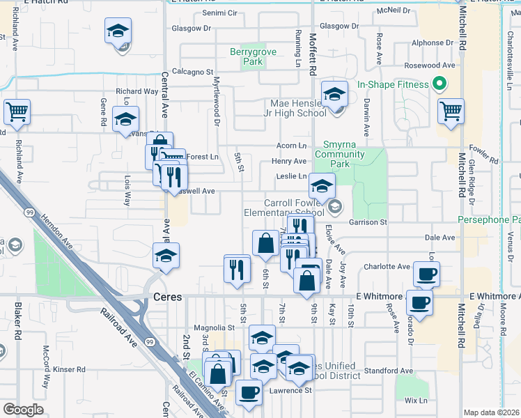 map of restaurants, bars, coffee shops, grocery stores, and more near 2067 6th Street in Ceres