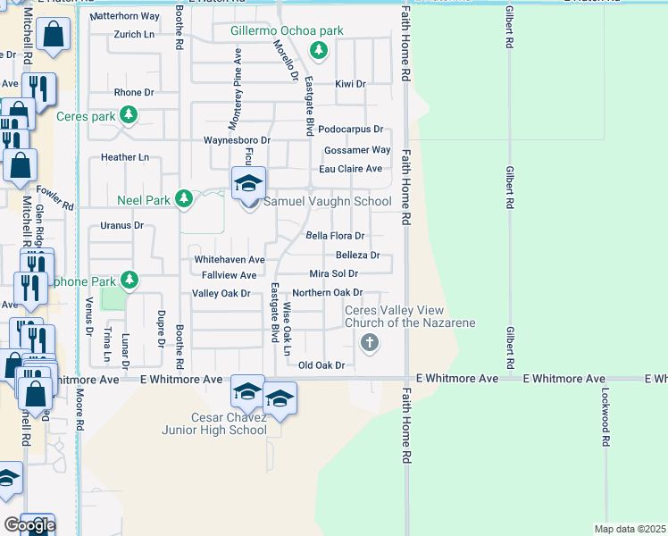 map of restaurants, bars, coffee shops, grocery stores, and more near 3875 Mira Sol Drive in Ceres