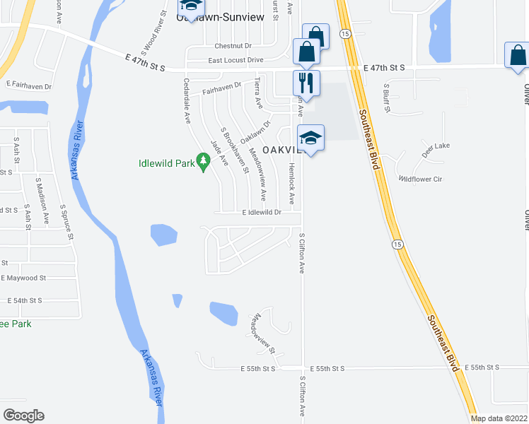 map of restaurants, bars, coffee shops, grocery stores, and more near 5554 Meadowview Avenue in Wichita