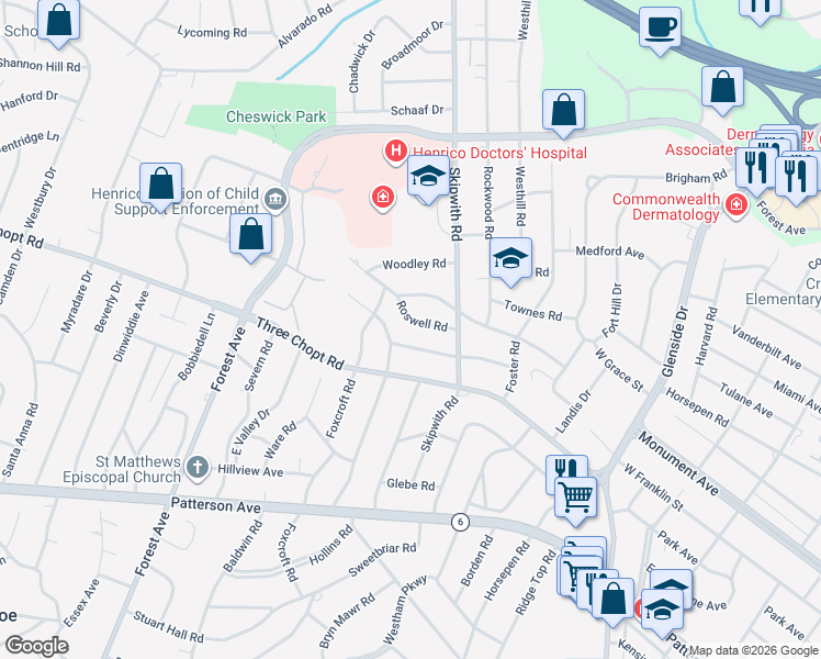 map of restaurants, bars, coffee shops, grocery stores, and more near 7511 Roswell Rd in Richmond