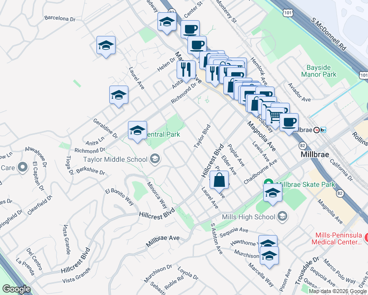 map of restaurants, bars, coffee shops, grocery stores, and more near 415 Hazel Avenue in Millbrae