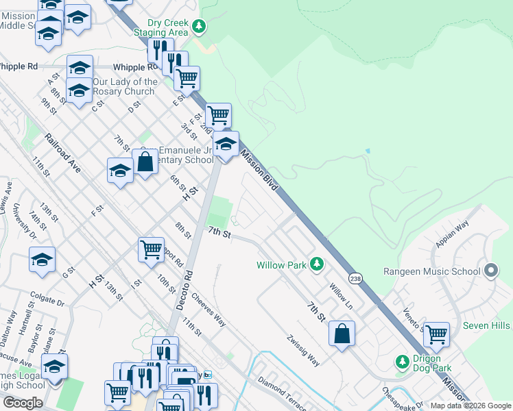 map of restaurants, bars, coffee shops, grocery stores, and more near 34183 Valle Drive in Union City