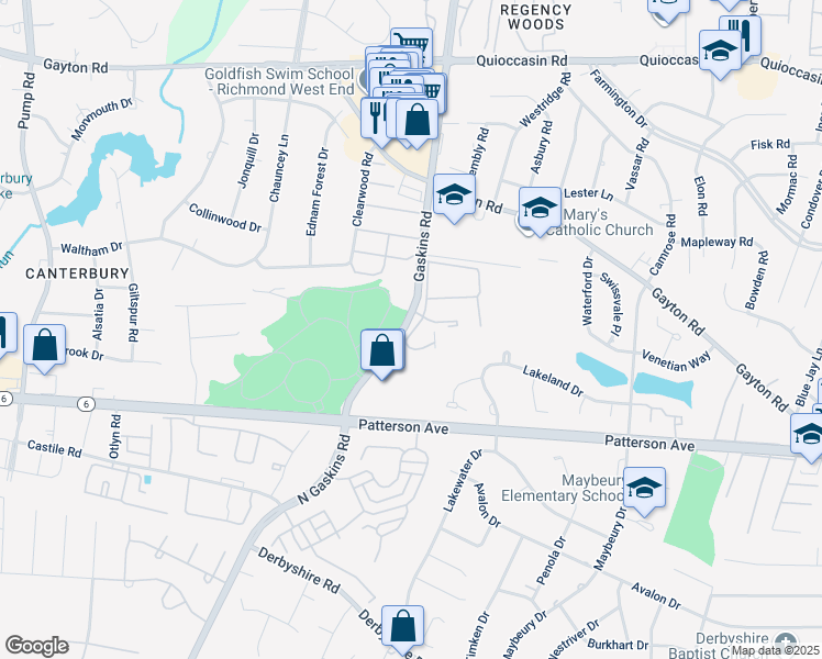 map of restaurants, bars, coffee shops, grocery stores, and more near 1213 Gaskins Road in Henrico
