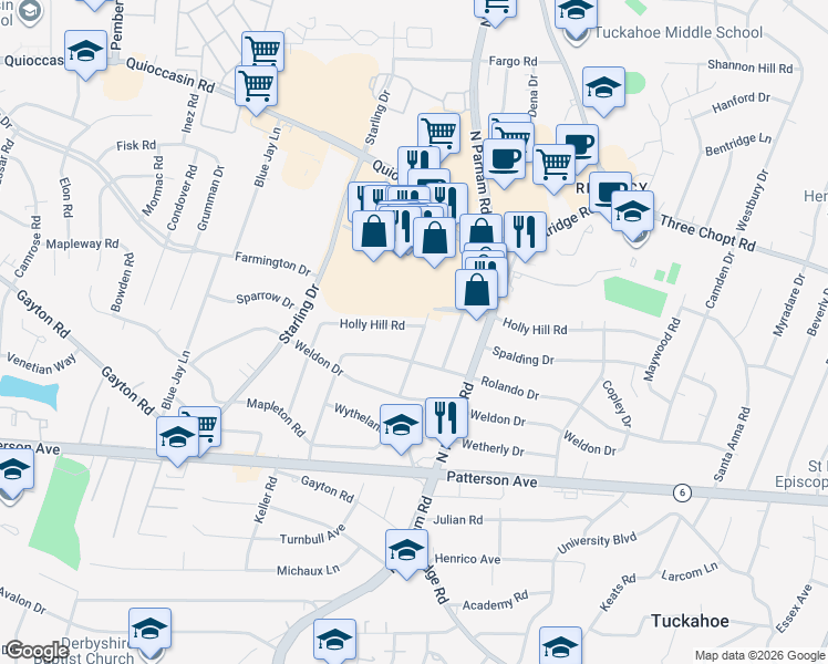 map of restaurants, bars, coffee shops, grocery stores, and more near 1309 Townley Road in Richmond