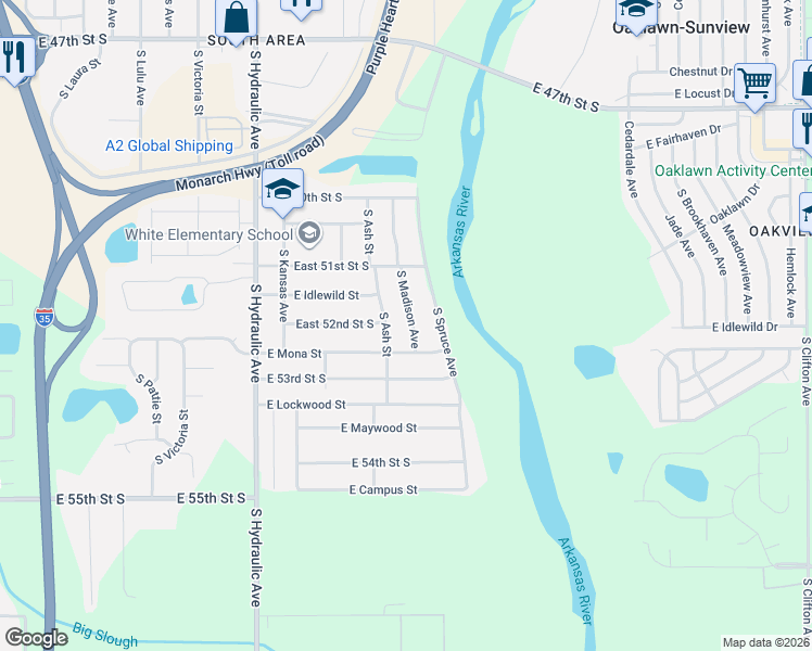 map of restaurants, bars, coffee shops, grocery stores, and more near 5300 South Madison Avenue in Wichita