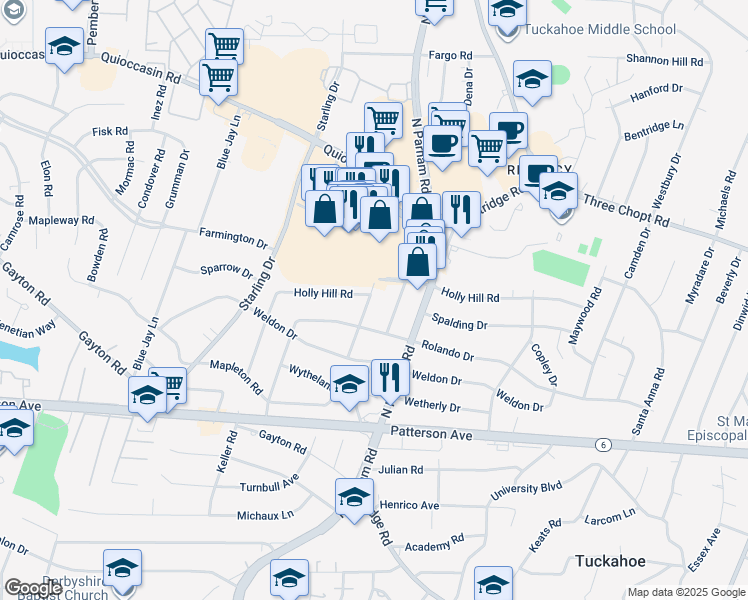 map of restaurants, bars, coffee shops, grocery stores, and more near 1309 Townley Road in Richmond