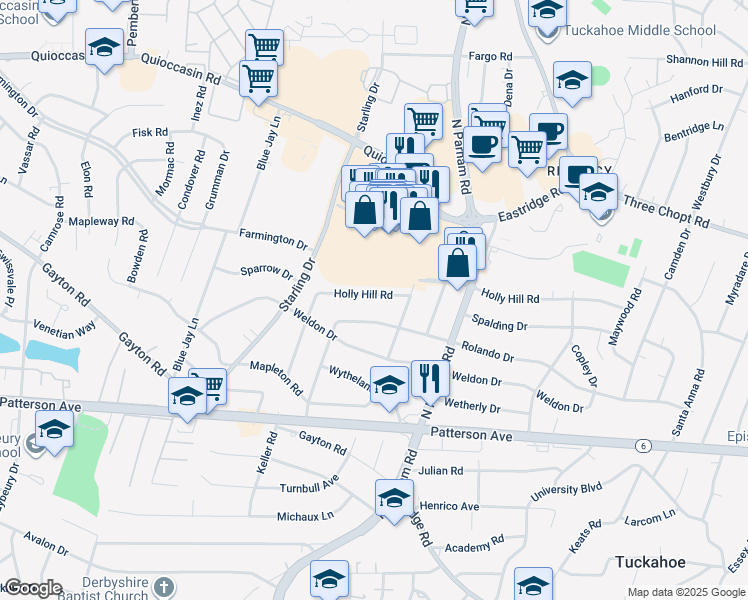 map of restaurants, bars, coffee shops, grocery stores, and more near 8709 Holly Hill Road in Richmond