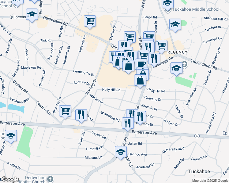 map of restaurants, bars, coffee shops, grocery stores, and more near 8709 Holly Hill Road in Richmond