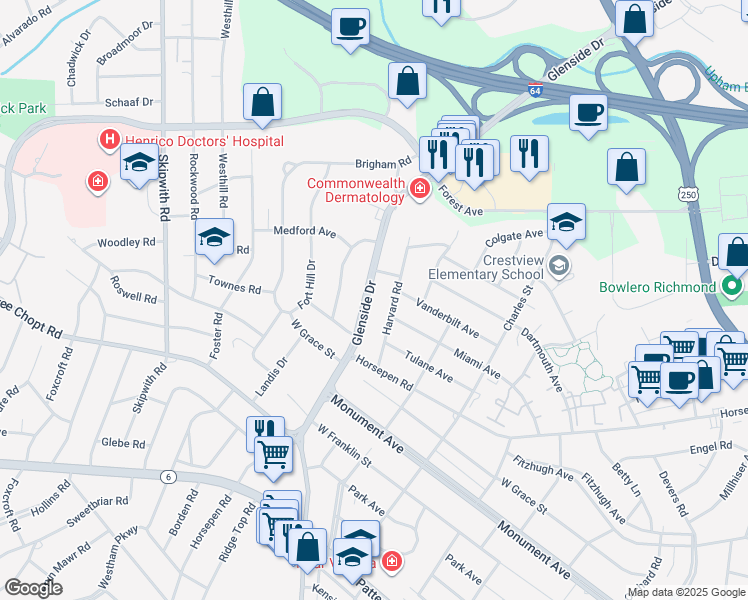 map of restaurants, bars, coffee shops, grocery stores, and more near 1517 Glenside Drive in Richmond